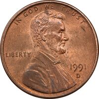 سکه 1 سنت 1991D لینکلن - MS63 - آمریکا