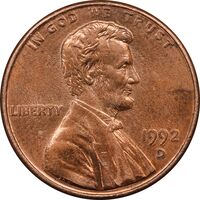سکه 1 سنت 1992D لینکلن - MS62 - آمریکا