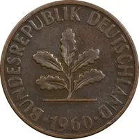 سکه 2 فینیگ 1960D جمهوری فدرال - EF45 - آلمان