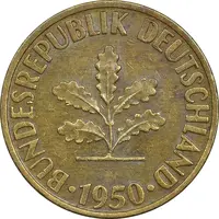 سکه 10 فینیگ 1950D جمهوری فدرال - EF45 - آلمان