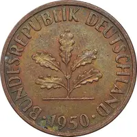 سکه 1 فینیگ 1950J جمهوری فدرال - AU50 - آلمان