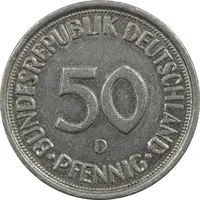 سکه 50 فینیگ 1975D جمهوری فدرال - EF45 - آلمان