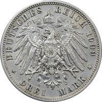 سکه 3 مارک 1909D اتو - AU50 - آلمان
