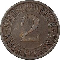 سکه 2 رایش فینیگ 1925E جمهوری وایمار - VF35 - آلمان