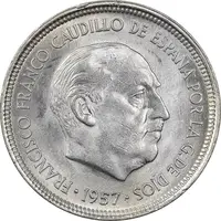 سکه 5 پزتا (58)1957 فرانسیسکو فرانکو - MS63 - اسپانیا