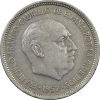 سکه 5 پزتا (71)1957 فرانسیسکو فرانکو - EF45 - اسپانیا