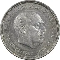 سکه 5 پزتا (75)1957 فرانسیسکو فرانکو - EF45 - اسپانیا