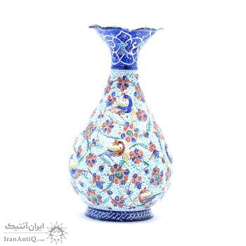 گلدان میناکاری طرح گل و مرغ - 13 سانتی