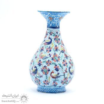 گلدان میناکاری طرح گل و مرغ - 13 سانتی