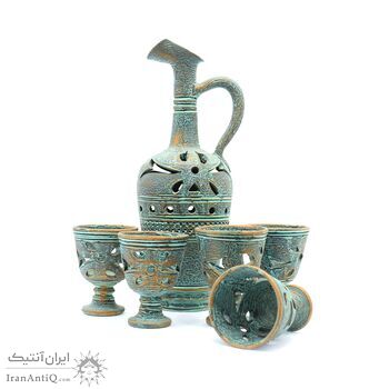 پارچ و لیوان سفالی پتینه مشبک