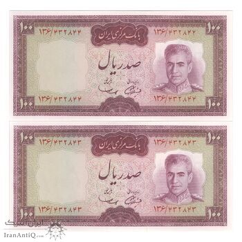 اسکناس 100 ریال (آموزگار - سمیعی) نوشته قرمز - جفت - UNC62 - محمد رضا شاه
