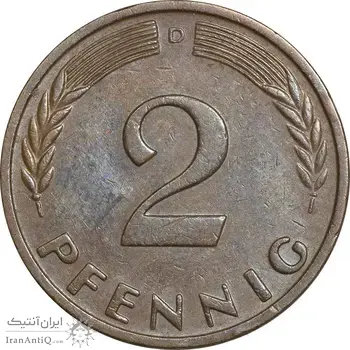 سکه 2 فینیگ 1958D جمهوری فدرال - EF45 - آلمان