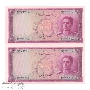 اسکناس 100 ریال سری سوم - جفت - AU58 - محمد رضا شاه