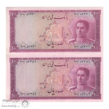 اسکناس 100 ریال سری سوم - جفت - UNC62 - محمد رضا شاه