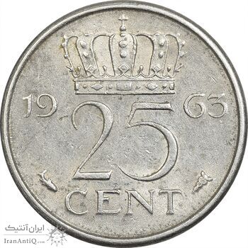 سکه 25 سنت 1963 یولیانا - AU58 - هلند سکه 25 سنت 1963 یولیانا - AU58 - هلند