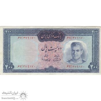 اسکناس 200 ریال (آموزگار - سمیعی) نوشته قرمز - تک - VF35 - محمد رضا شاه