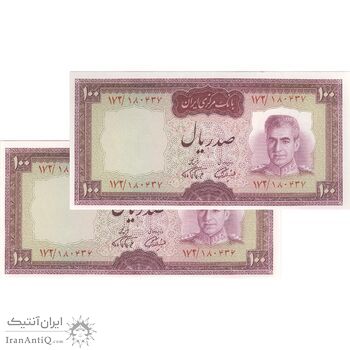 اسکناس 100 ریال (آموزگار - فرمان فرماییان) نوشته قرمز - جفت - UNC64 - محمد رضا شاه