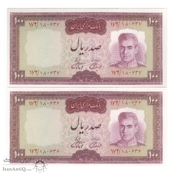 اسکناس 100 ریال (آموزگار - فرمان فرماییان) نوشته قرمز - جفت - UNC64 - محمد رضا شاه