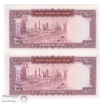 اسکناس 100 ریال (آموزگار - فرمان فرماییان) نوشته قرمز - جفت - UNC64 - محمد رضا شاه