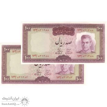 اسکناس 100 ریال (آموزگار - فرمان فرماییان) نوشته قرمز - جفت - UNC62 - محمد رضا شاه