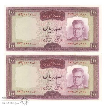 اسکناس 100 ریال (آموزگار - فرمان فرماییان) نوشته قرمز - جفت - UNC62 - محمد رضا شاه