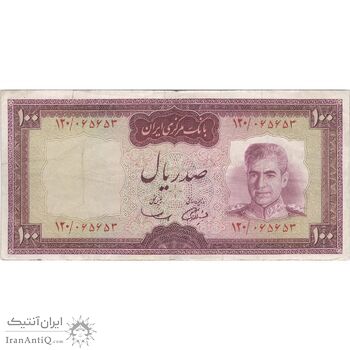 اسکناس 100 ریال (آموزگار - سمیعی) نوشته قرمز - تک - VF35 - محمد رضا شاه