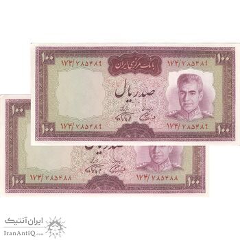 اسکناس 100 ریال (آموزگار - فرمان فرماییان) نوشته قرمز - جفت - UNC62 - محمد رضا شاه
