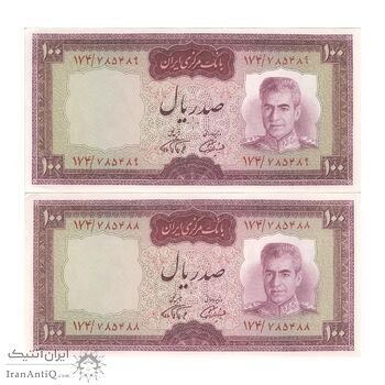 اسکناس 100 ریال (آموزگار - فرمان فرماییان) نوشته قرمز - جفت - UNC62 - محمد رضا شاه