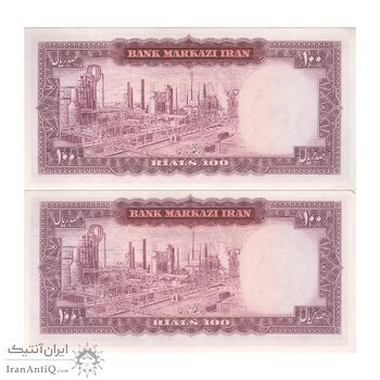 اسکناس 100 ریال (آموزگار - فرمان فرماییان) نوشته قرمز - جفت - UNC62 - محمد رضا شاه