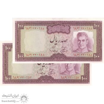 اسکناس 100 ریال (آموزگار - سمیعی) نوشته سیاه - جفت - UNC64 - محمد رضا شاه