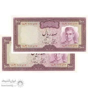 اسکناس 100 ریال (آموزگار - سمیعی) نوشته سیاه - جفت - UNC63 - محمد رضا شاه