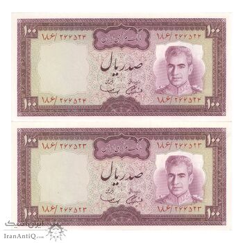 اسکناس 100 ریال (آموزگار - سمیعی) نوشته سیاه - جفت - UNC63 - محمد رضا شاه