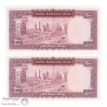 اسکناس 100 ریال (آموزگار - سمیعی) نوشته سیاه - جفت - UNC63 - محمد رضا شاه