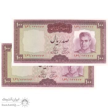 اسکناس 100 ریال (آموزگار - فرمان فرماییان) نوشته قرمز - جفت - UNC63 - محمد رضا شاه