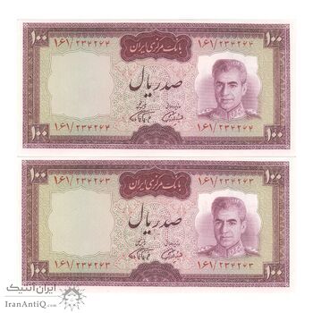 اسکناس 100 ریال (آموزگار - فرمان فرماییان) نوشته قرمز - جفت - UNC63 - محمد رضا شاه