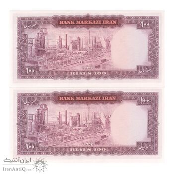 اسکناس 100 ریال (آموزگار - فرمان فرماییان) نوشته قرمز - جفت - UNC63 - محمد رضا شاه
