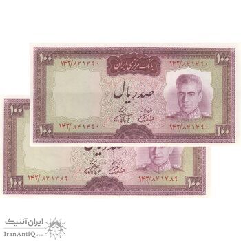 اسکناس 100 ریال (آموزگار - فرمان فرماییان) نوشته قرمز - جفت - AU58 - محمد رضا شاه