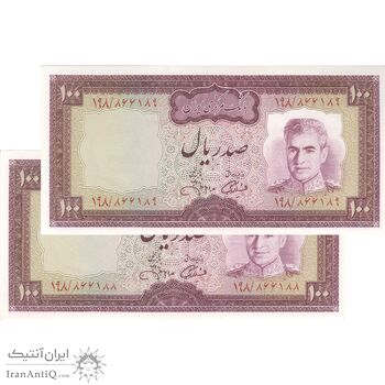 اسکناس 100 ریال (آموزگار - جهانشاهی) - جفت - UNC62 - محمد رضا شاه