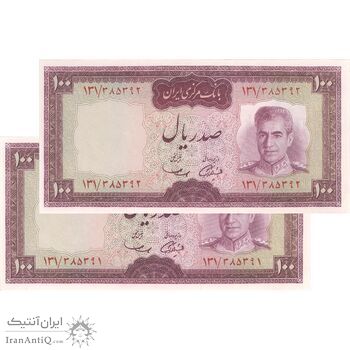 اسکناس 100 ریال (آموزگار - سمیعی) نوشته قرمز - جفت - UNC63 - محمد رضا شاه