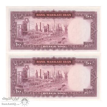 اسکناس 100 ریال (آموزگار - سمیعی) نوشته قرمز - جفت - UNC63 - محمد رضا شاه