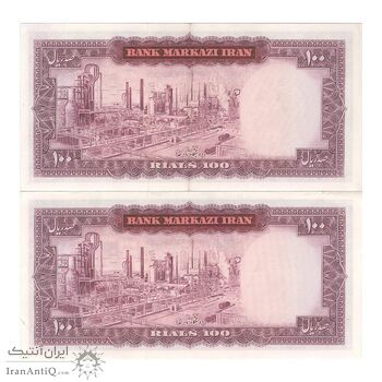 اسکناس 100 ریال (آموزگار - سمیعی) نوشته سیاه - جفت - AU58 - محمد رضا شاه