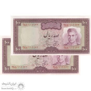 اسکناس 100 ریال (آموزگار - جهانشاهی) - جفت - UNC62 - محمد رضا شاه