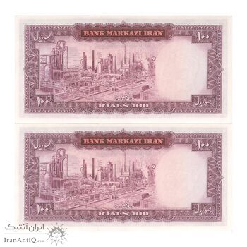 اسکناس 100 ریال (آموزگار - فرمان فرماییان) نوشته قرمز - جفت - UNC62 - محمد رضا شاه
