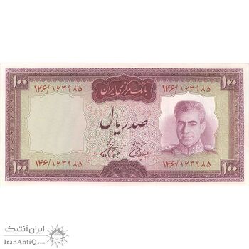 اسکناس 100 ریال (آموزگار - فرمان فرماییان) نوشته قرمز - تک - UNC62 - محمد رضا شاه