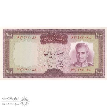 اسکناس 100 ریال (آموزگار - سمیعی) نوشته قرمز - تک - AU55 - محمد رضا شاه