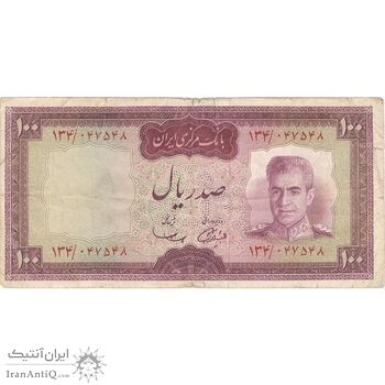 اسکناس 100 ریال (آموزگار - سمیعی) نوشته قرمز - تک - VF20 - محمد رضا شاه