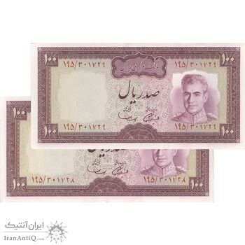 اسکناس 100 ریال (آموزگار - سمیعی) نوشته سیاه - جفت - UNC61 - محمد رضا شاه