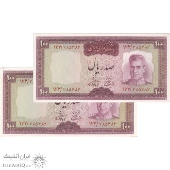اسکناس 100 ریال (آموزگار - فرمان فرماییان) نوشته قرمز - جفت - UNC61 - محمد رضا شاه