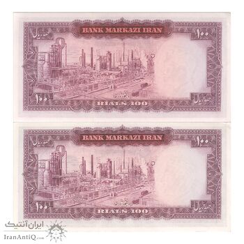 اسکناس 100 ریال (آموزگار - فرمان فرماییان) نوشته قرمز - جفت - UNC61 - محمد رضا شاه