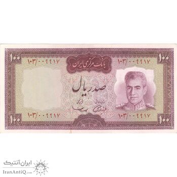 اسکناس 100 ریال (آموزگار - سمیعی) نوشته قرمز - تک - UNC62 - محمد رضا شاه